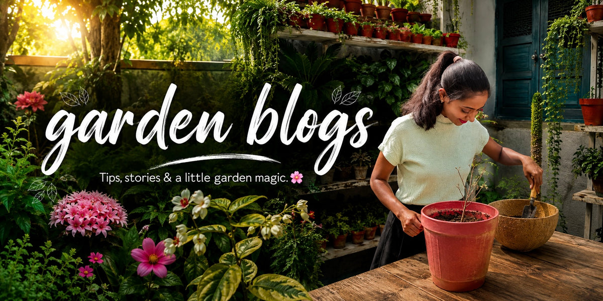 A woman gardening at a wooden table with potted plants and a red pot, set against a lush garden background with large text overlay reading 'garden blogs'.