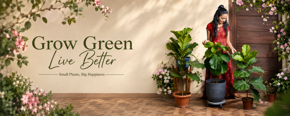 A woman in a red dress stands beside several potted green plants in a warm, sunlit indoor garden setting. Large text on the left reads 'Grow Green Live Better' with smaller text below, and flowers frame the scene.