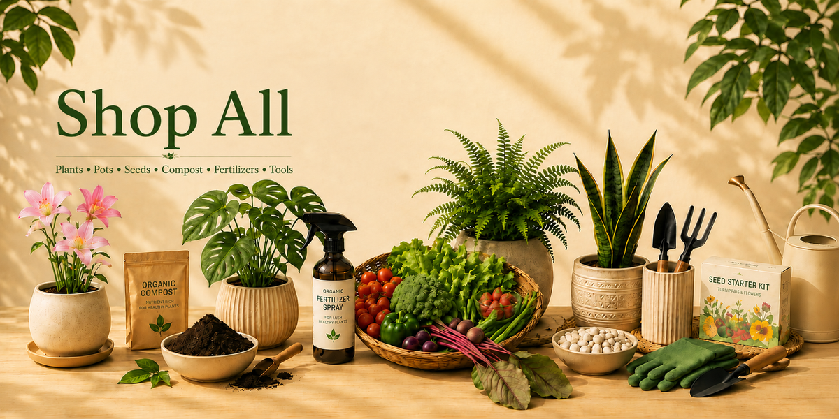 A styled garden-themed product display on a wooden table with potted plants, a seed starter kit, gardening tools, compost, seeds, and a bottle labeled 'Garden Starter Sprout.' Large text on the left reads 'Shop All.